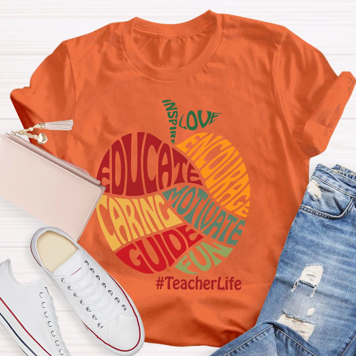 Colorful Apple Typography Caring Guide Educate T-Shirt