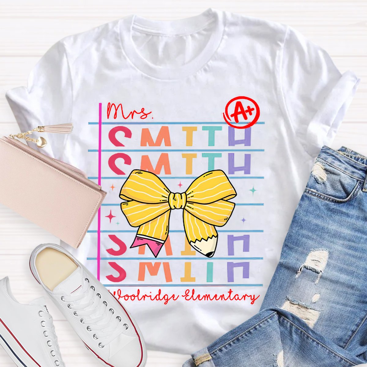 Personalized Teachers Name And School Name Bow pencil design T-Shirt