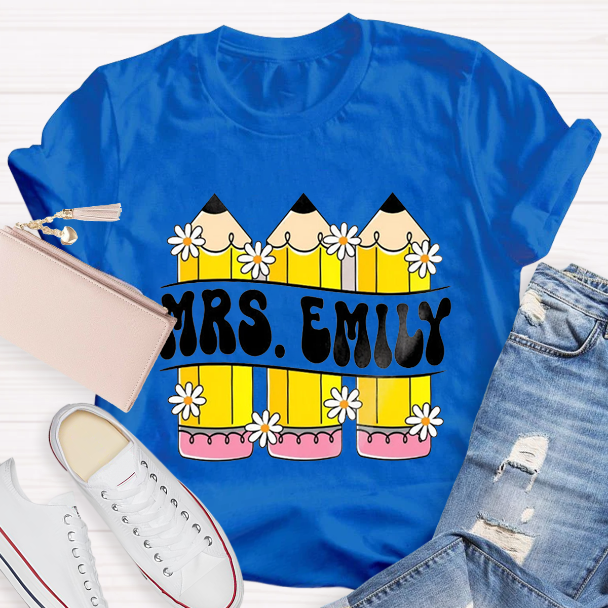 Personalized Your name Retro Teacher Pencil T-Shirt