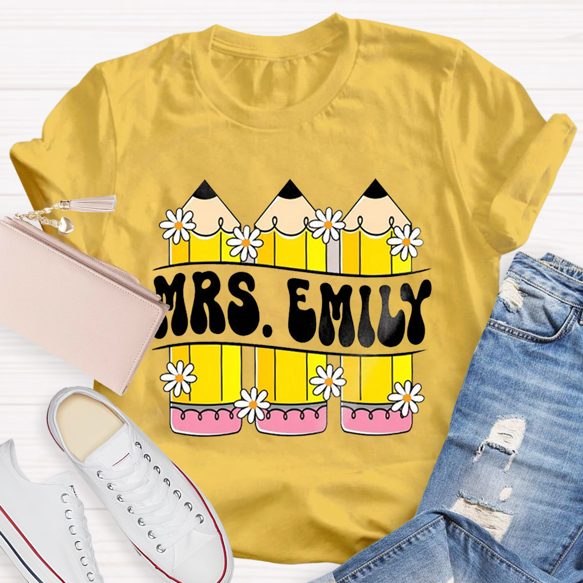 Personalized Your name Retro Teacher Pencil T-Shirt