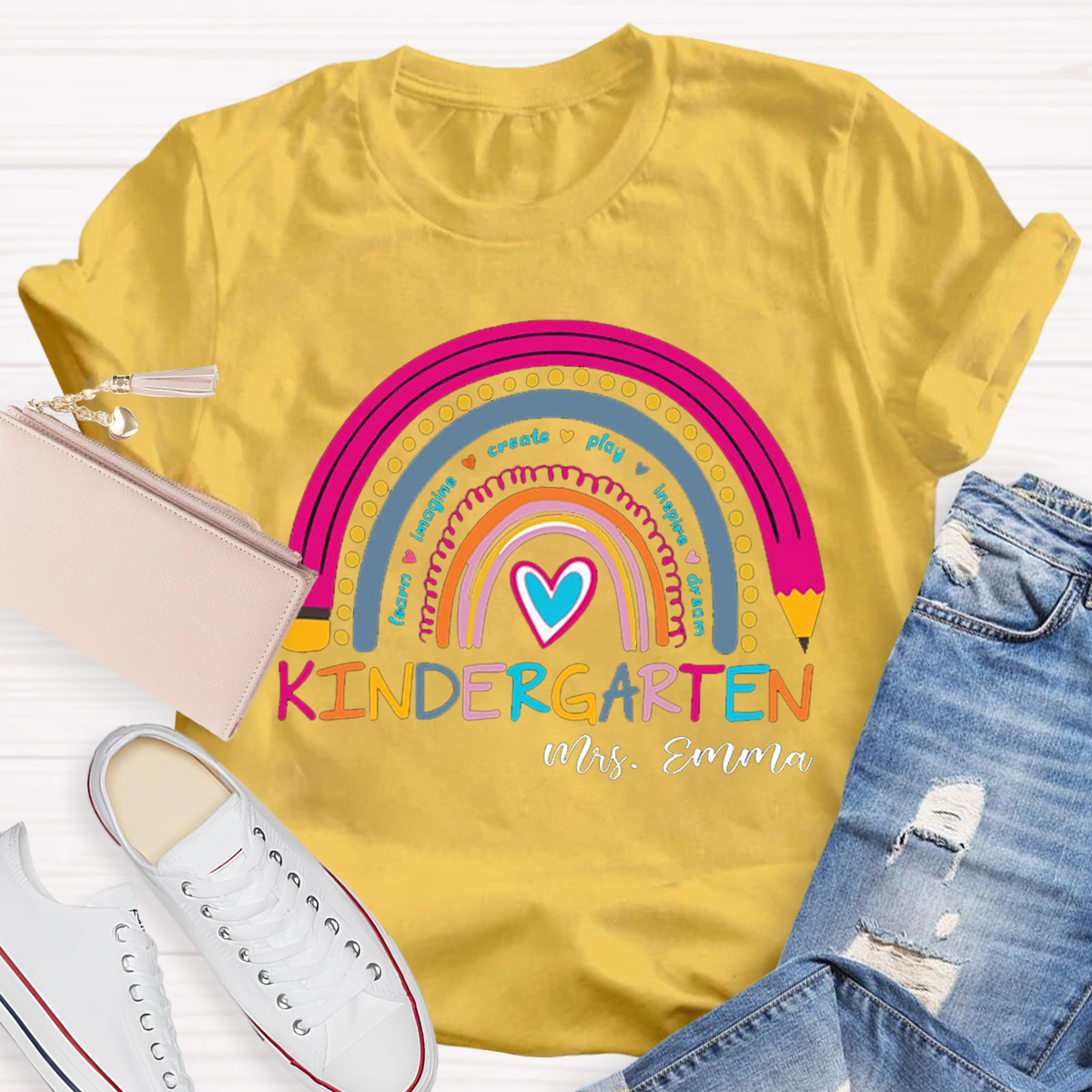 Personalized Name And Grade Rainbow Teacher T-Shirt