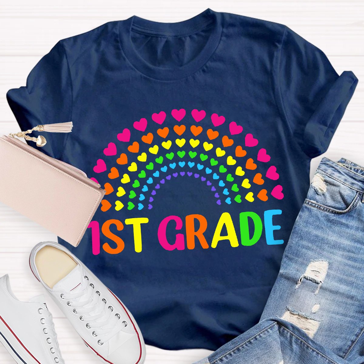 Personalized Grade Teacher Heart Rainbow Shirt