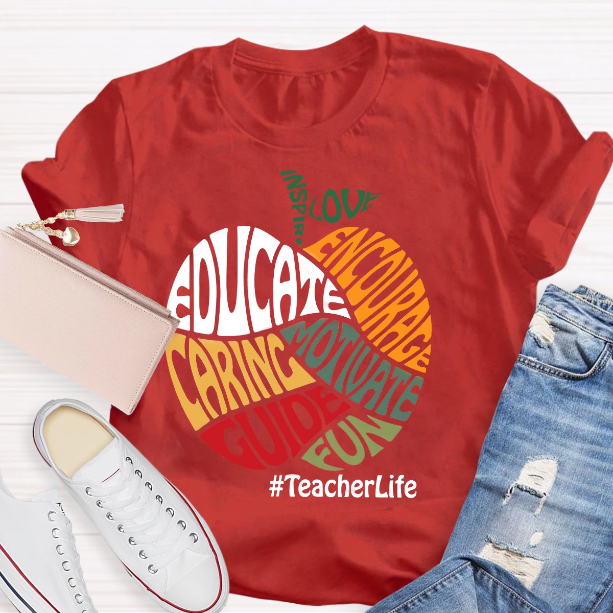 Colorful Apple Typography Caring Guide Educate T-Shirt