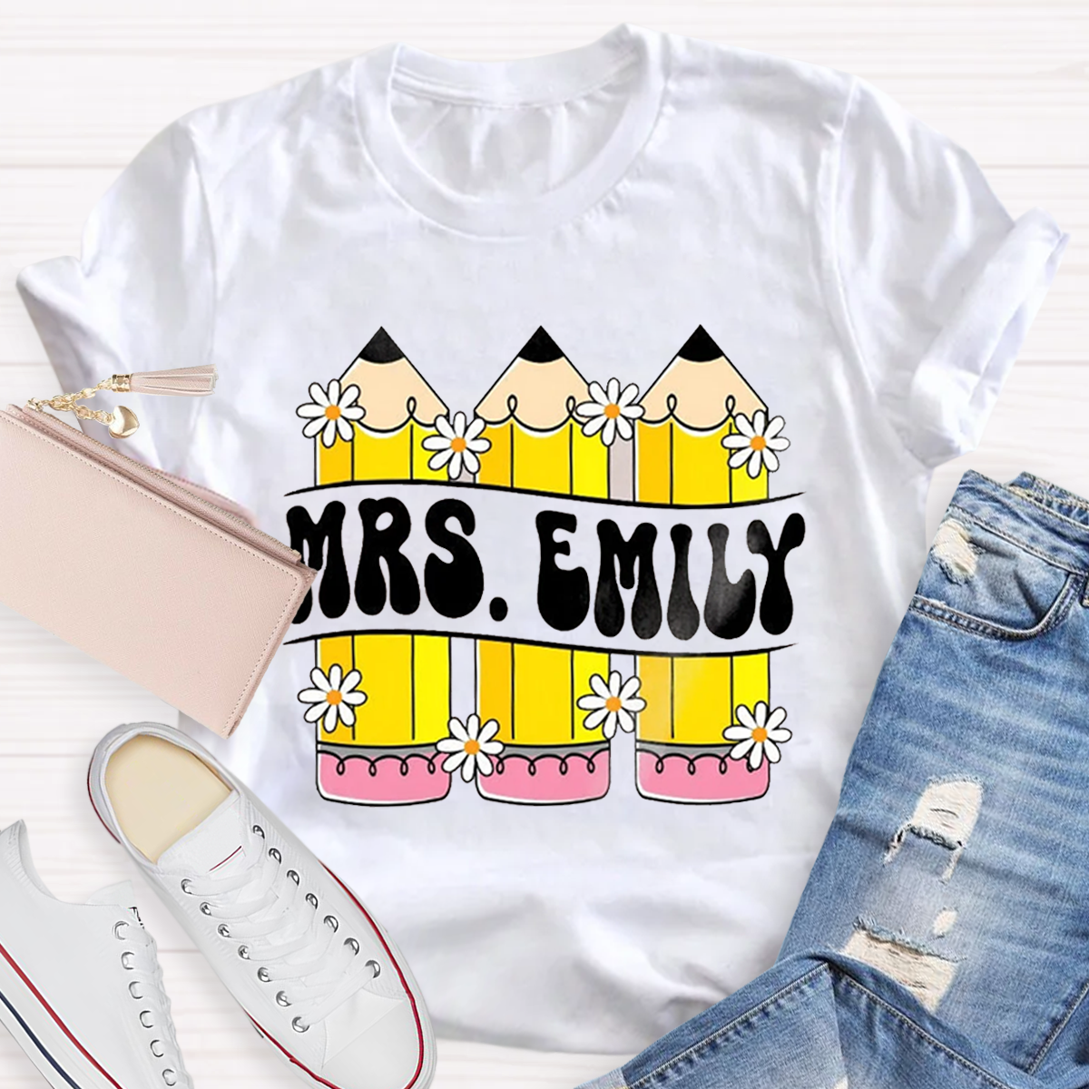 Personalized Your name Retro Teacher Pencil T-Shirt