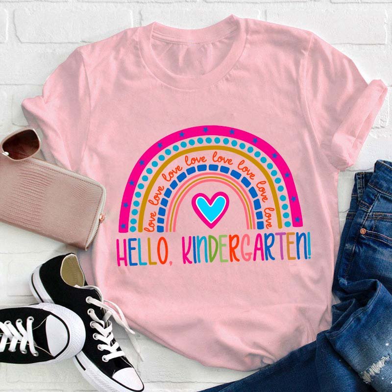 Personalized Grade Pink Rainbow Hello Love Teacher T-Shirt