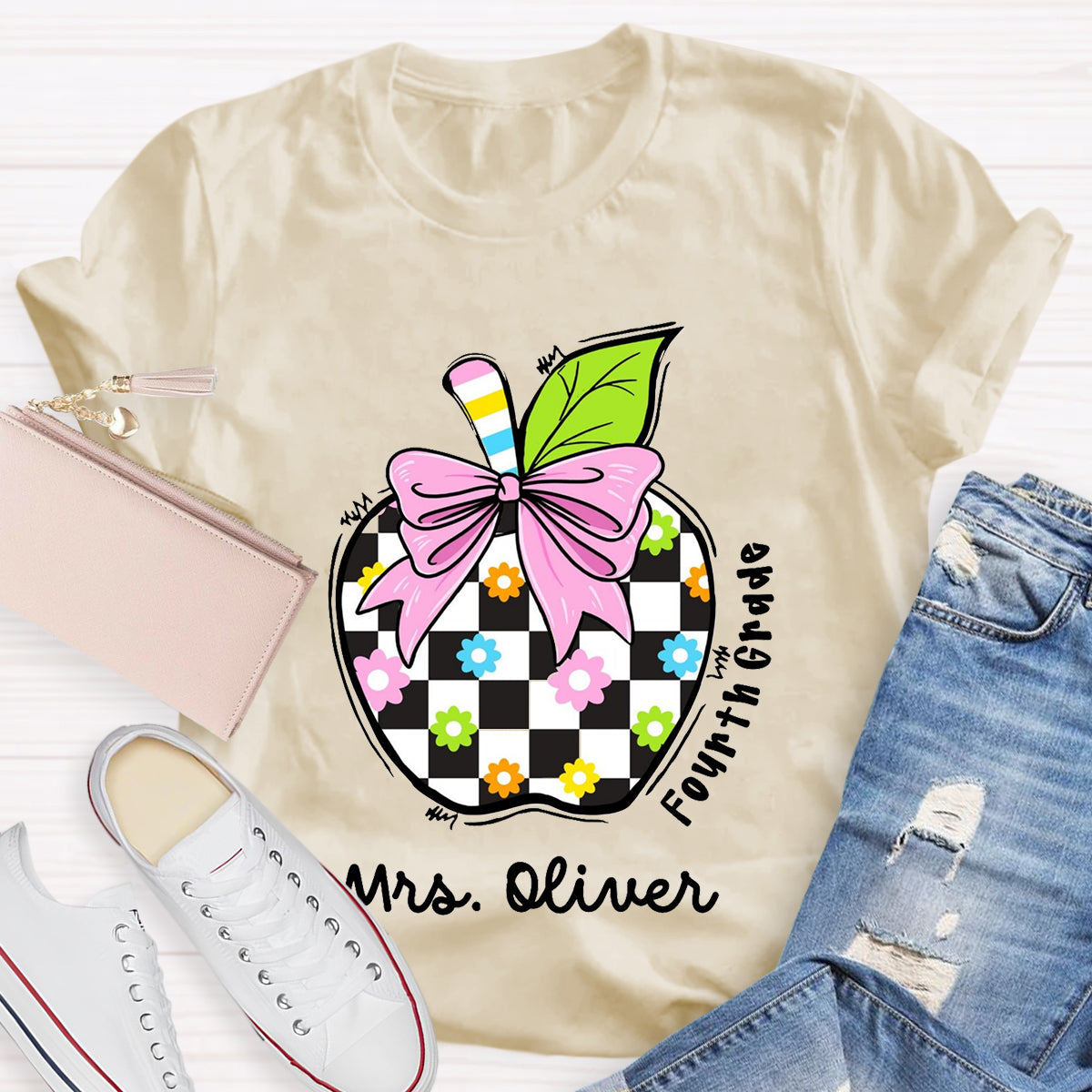 Personalized Grade And Name Colourful Check Print Apple T-Shirt
