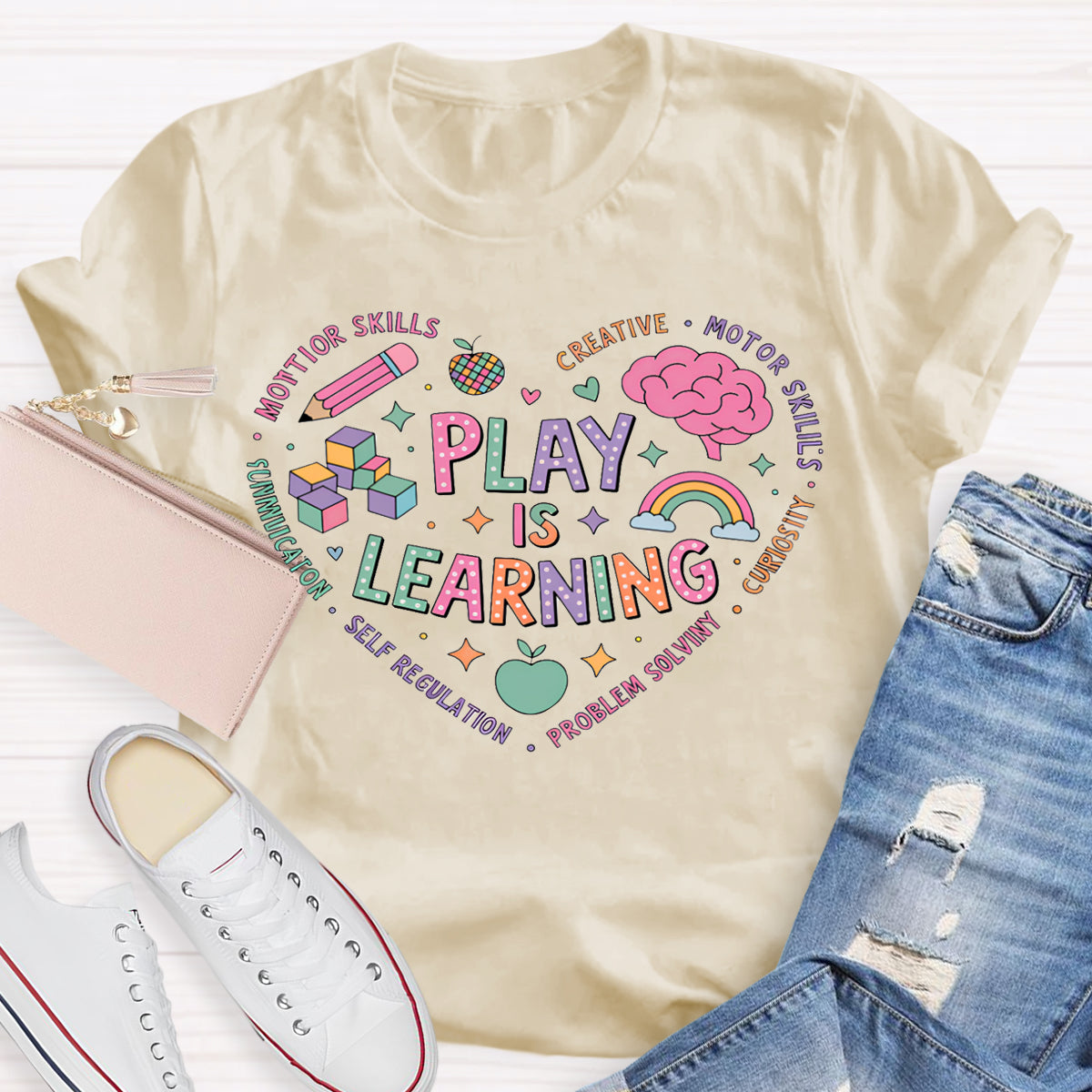 Play Is Learning Colorful Heart Font T-shirt