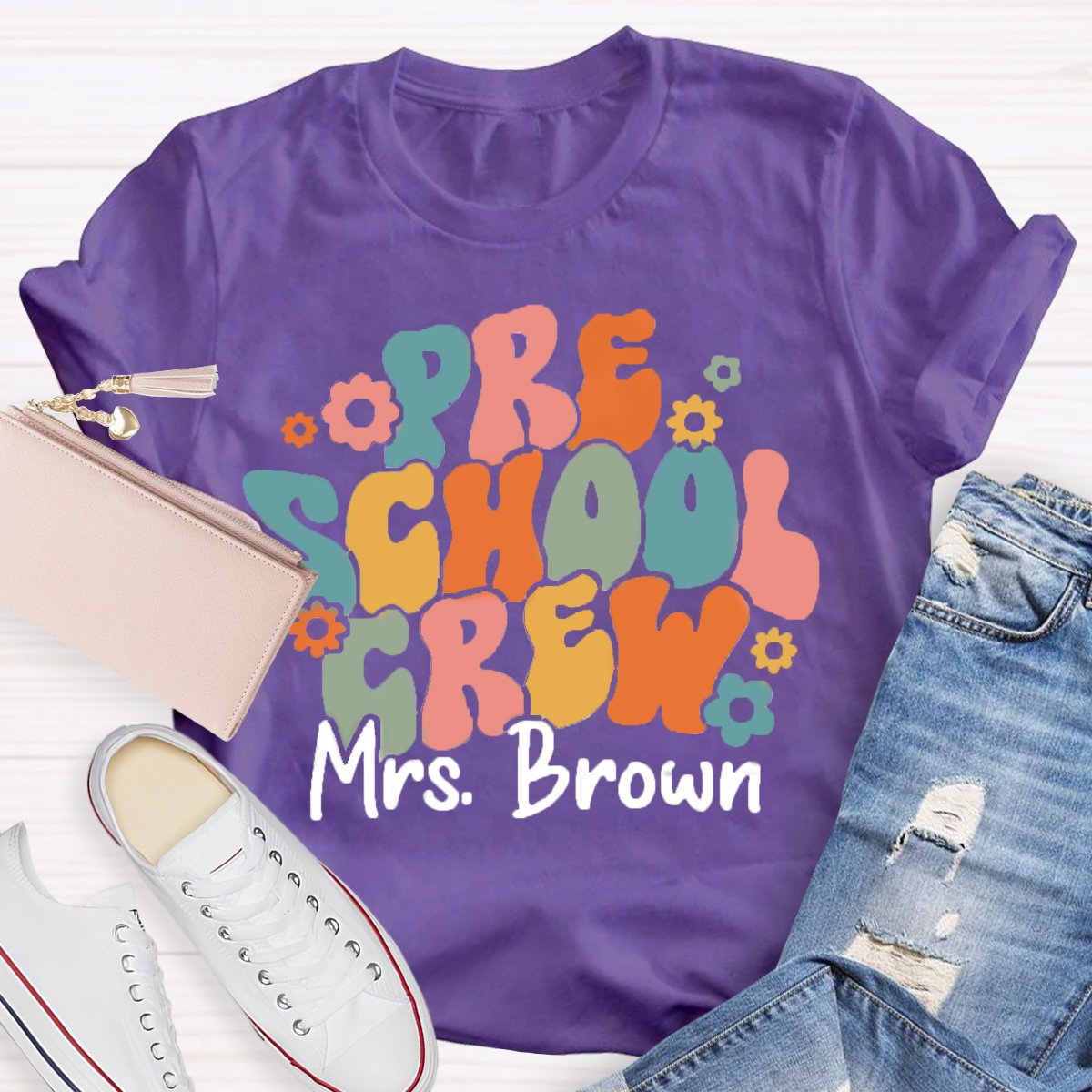 Personalized Name Preschool Teacher Crew T-Shirt