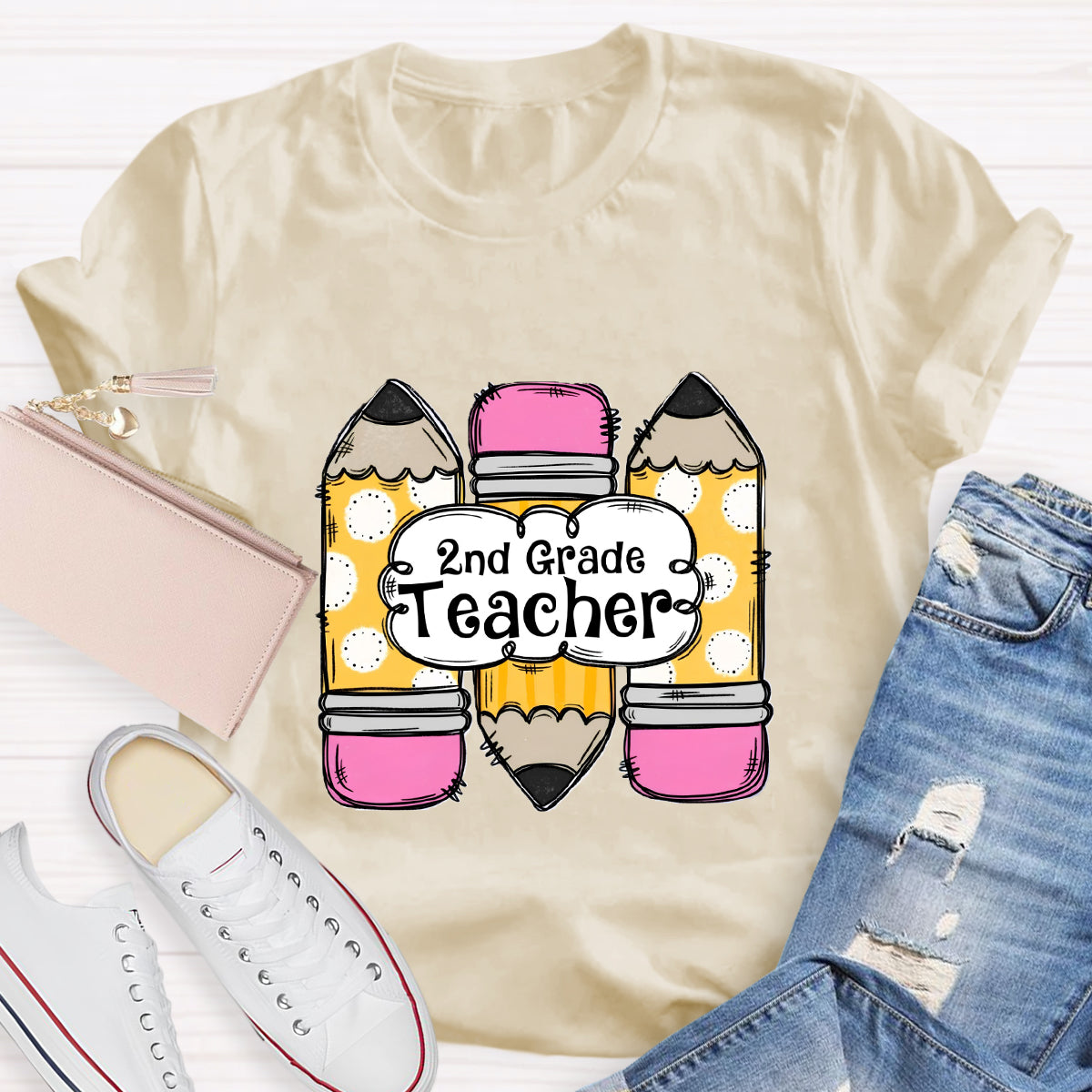 Personalized Grade Pink Pencil Printed 2nd Grade Teacher T-Shirt