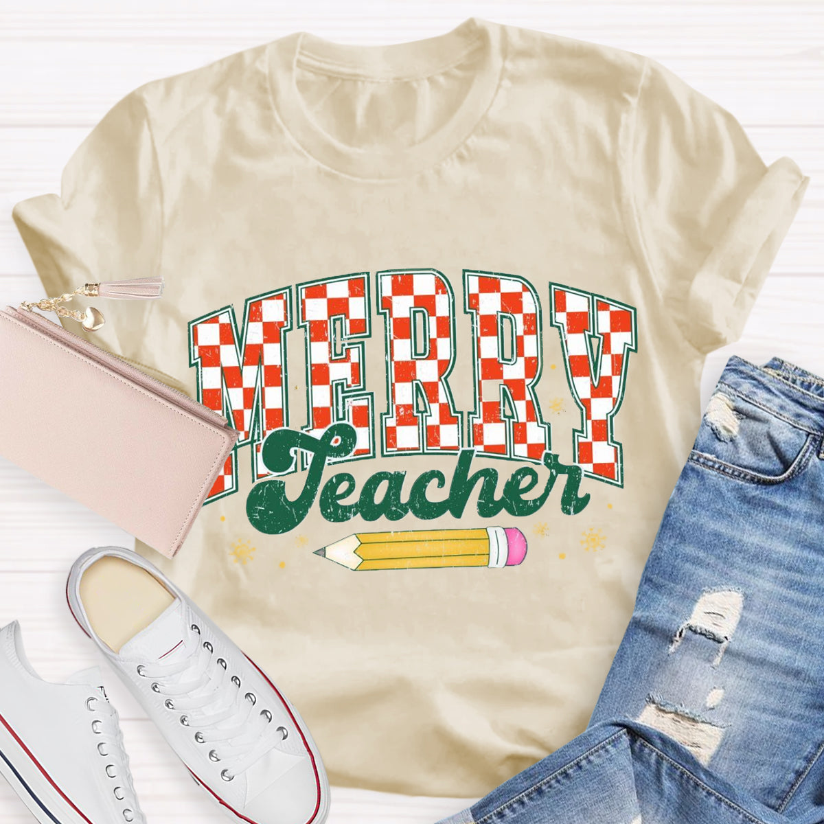 Merry Teacher Plaid Pencil T-Shirt