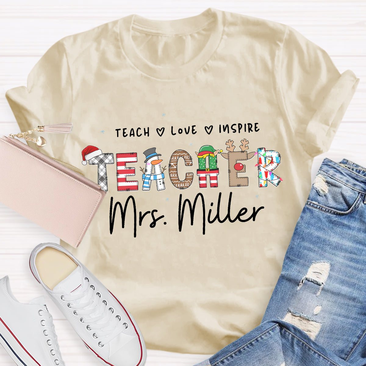 Personalized Teacher Name Teach Love Inspire T-Shirt