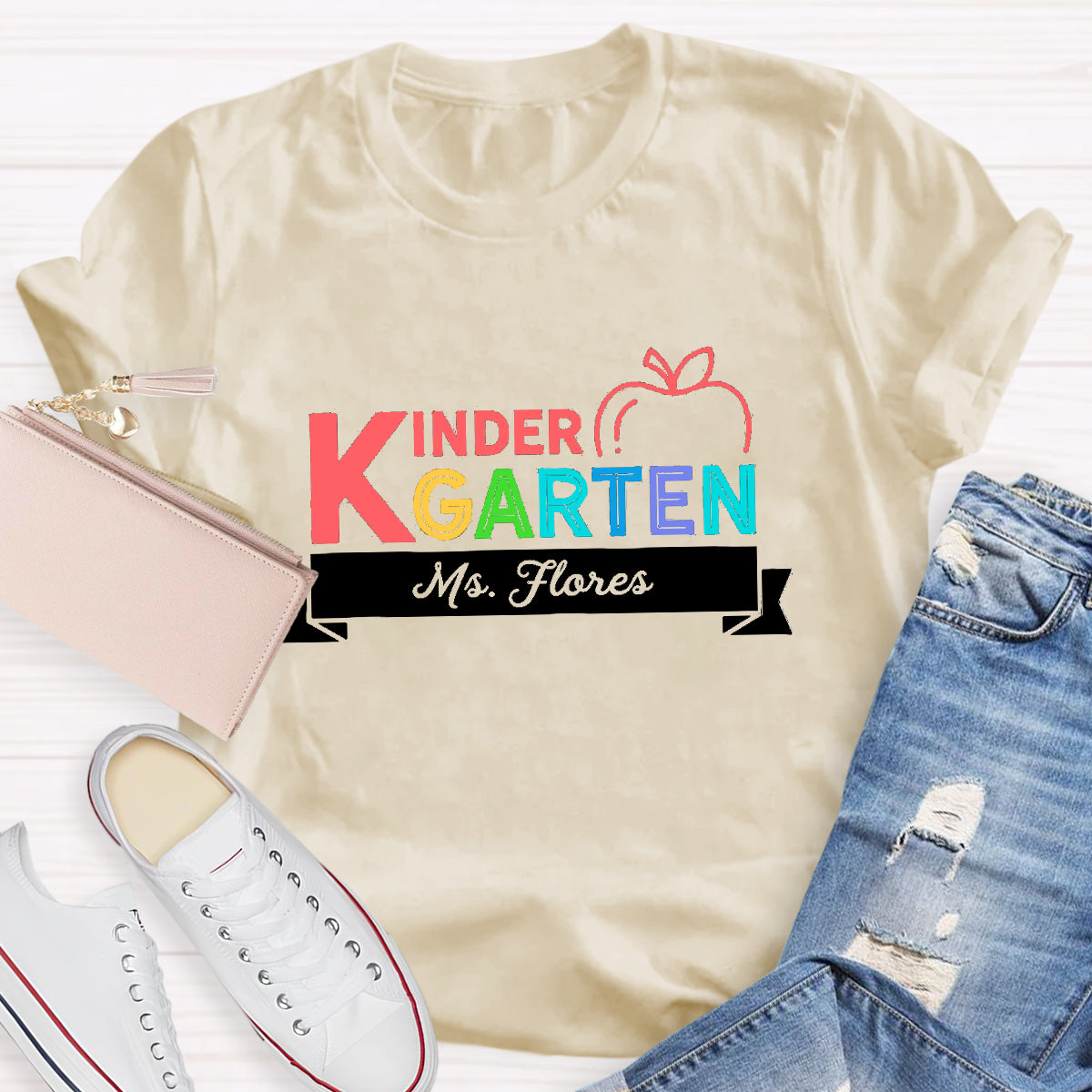 Personalized Kindergarten Teacher's Name  Apple Printed T-Shirt