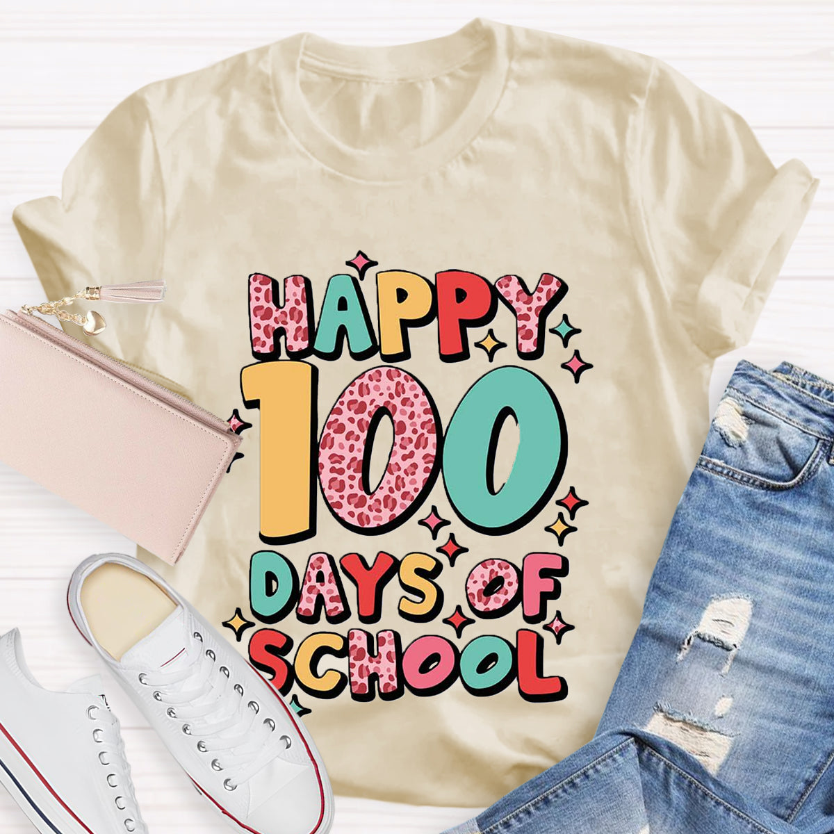 Pink Leopard Happy 100 Days Of School Teacher T-Shirt