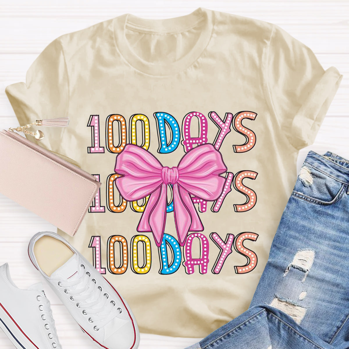 Happy 100 Days Of School  Polka Dot Bow  T-Shirt