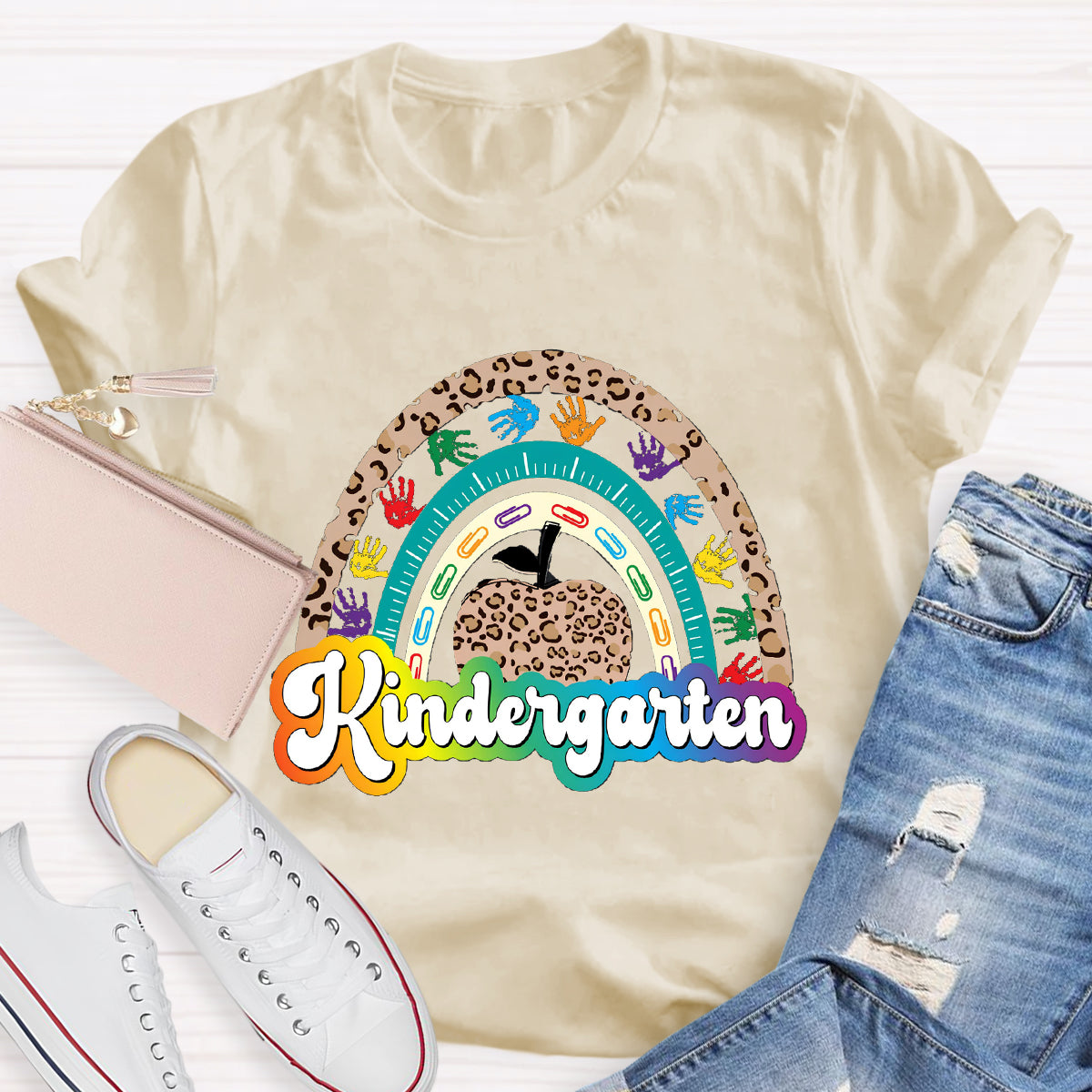 Personalized Grade Leopard Apple Rainbow Teacher T-Shirt
