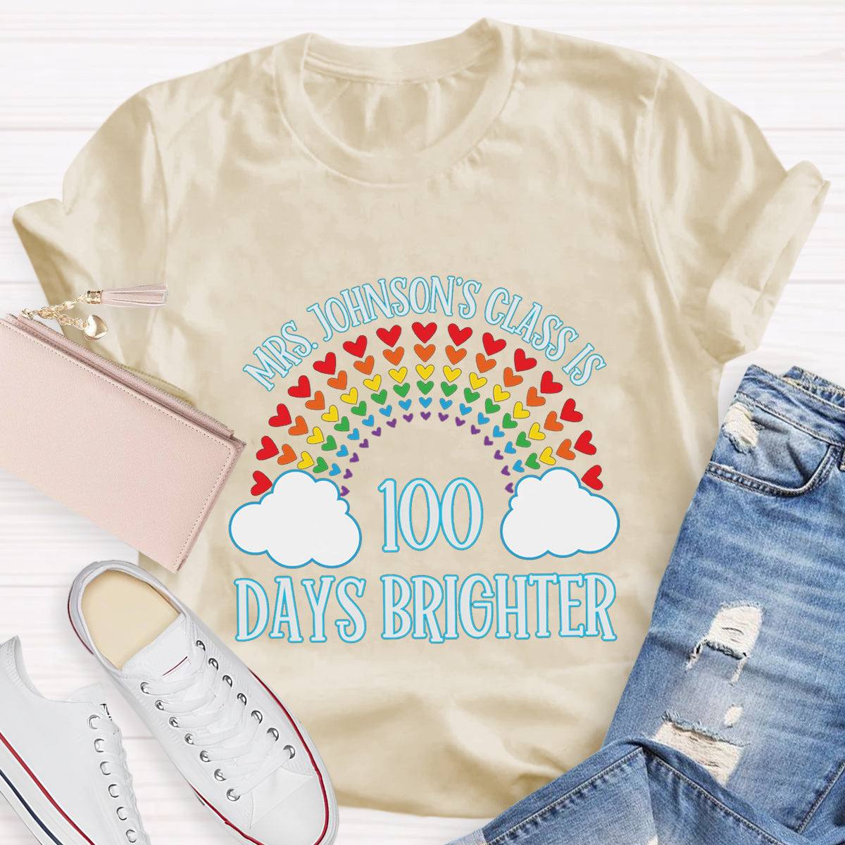 Personalized Name Teacher Class 100 Days Brighter T-Shirt