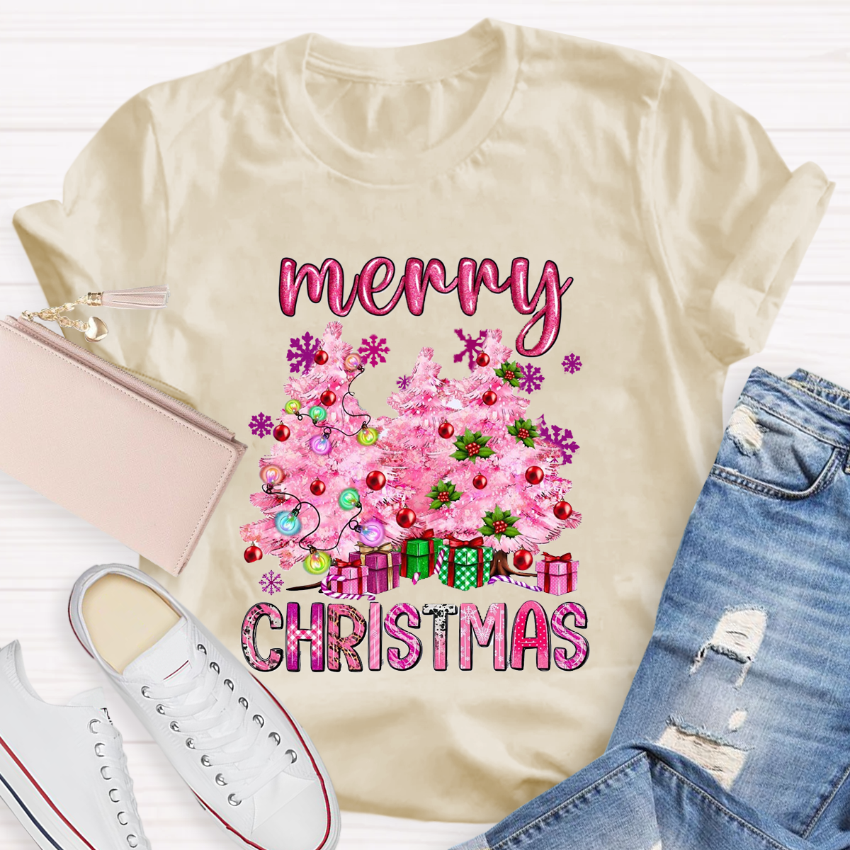 Pink Tree Christmas Teacher T-Shirt