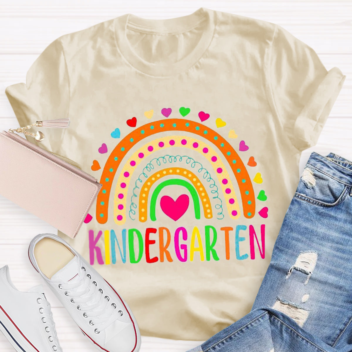 Personalized Colorful Heart Rainbow Teacher T-Shirt