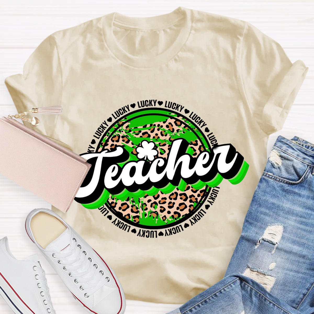 St. Patrick's Day Lucky Leopard Shamrock Teacher T-Shirt