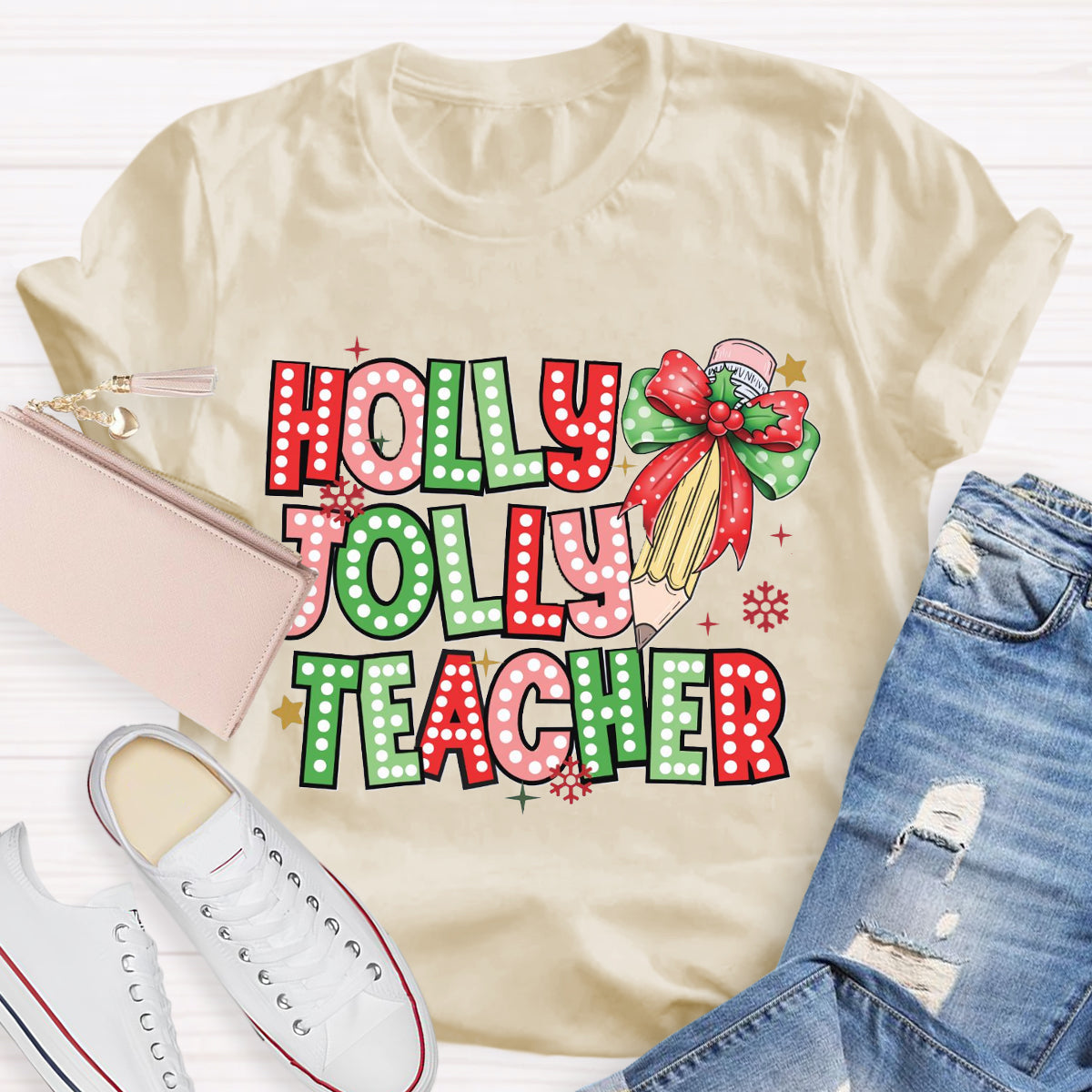 Holly Jolly Teacher Christmas Pencil T-Shirt