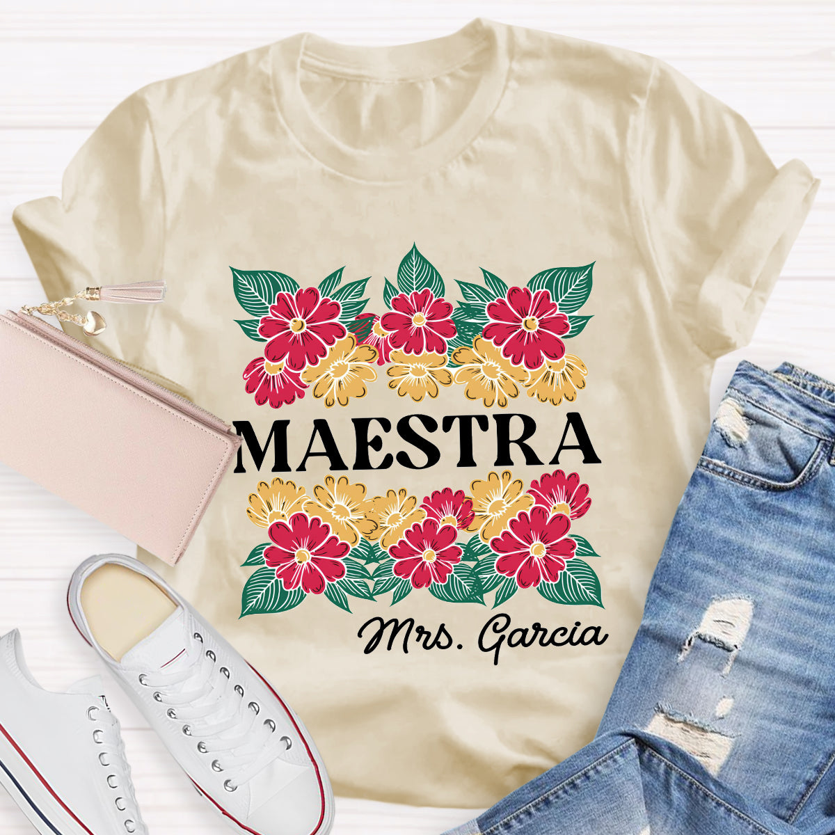 Personalized Name Floral Spanish Teacher T-Shirt