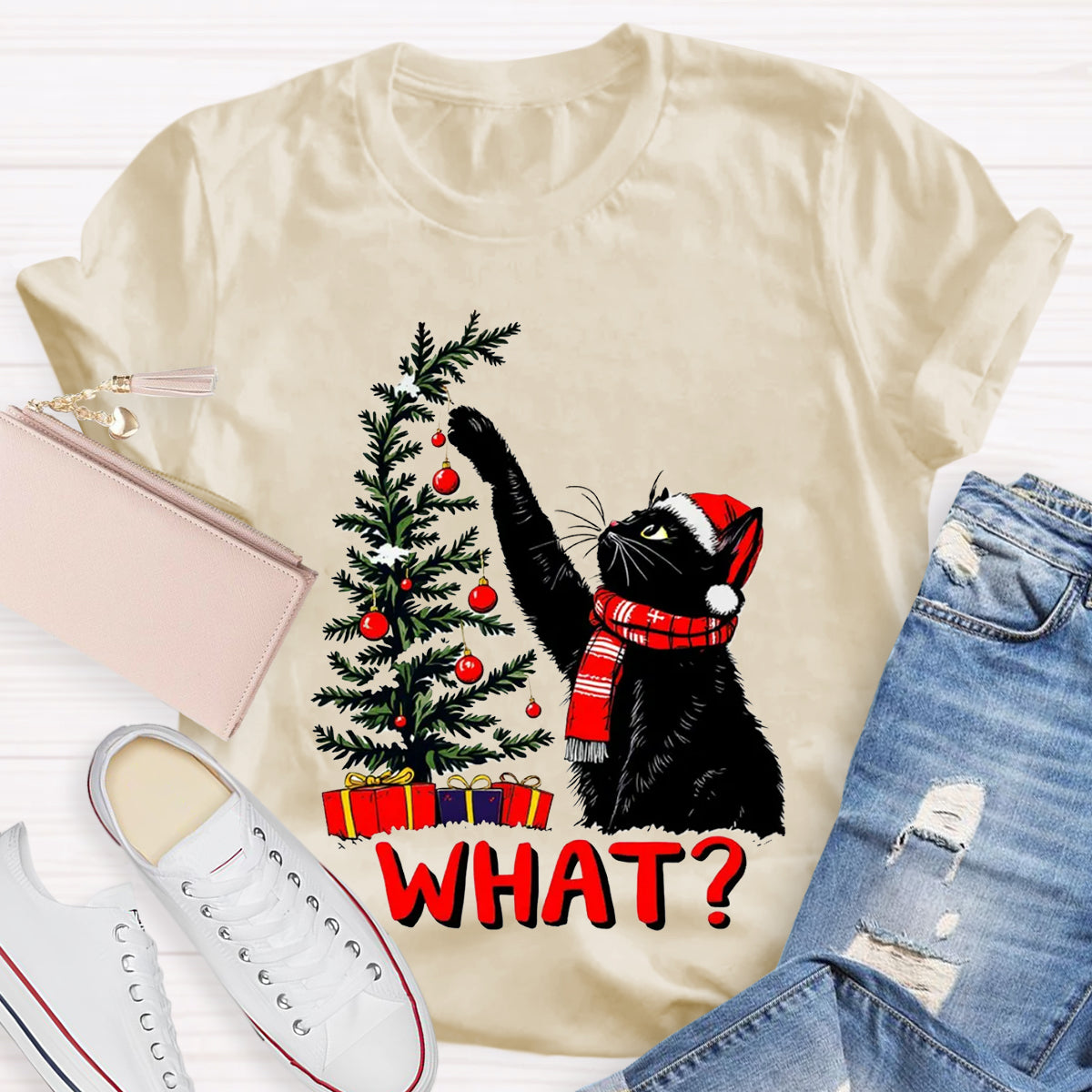 Black Cat Pushing Christmas Tree T-Shirt