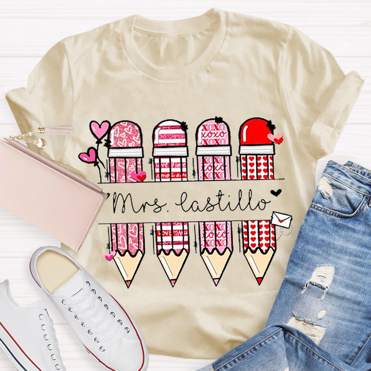 Personalized Teacher Name Pencil Valentines Day T-Shirt