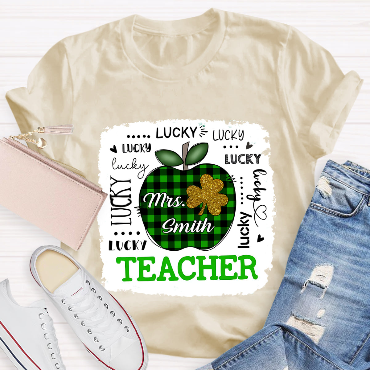 Personalized Name Lucky Teacher Green Apple T-Shirt