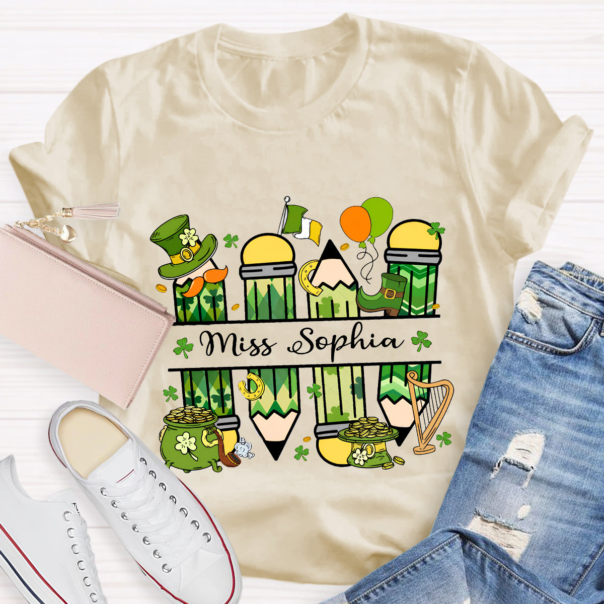 Personalized Name Green Pencil Teacher T-Shirt