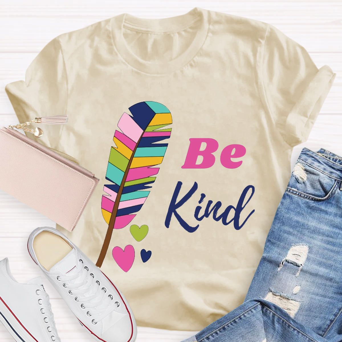 Be Kind Colorful Feather Design T-Shirt