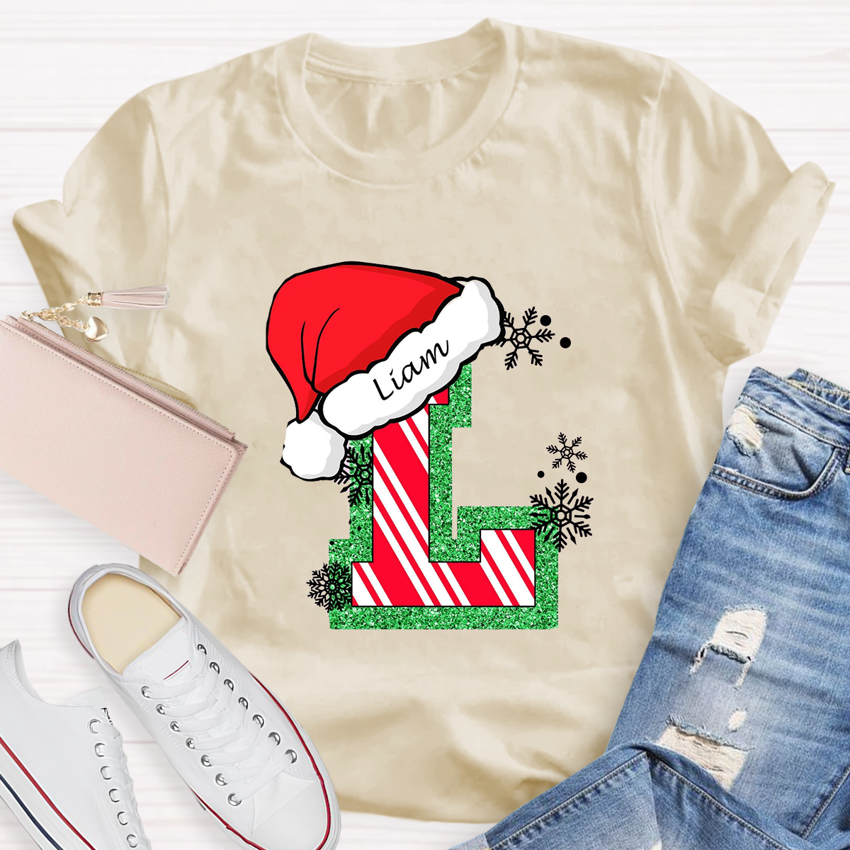 Personalized Name Merry Christmas Santa Holiday Green Red Glitter T-Shirt