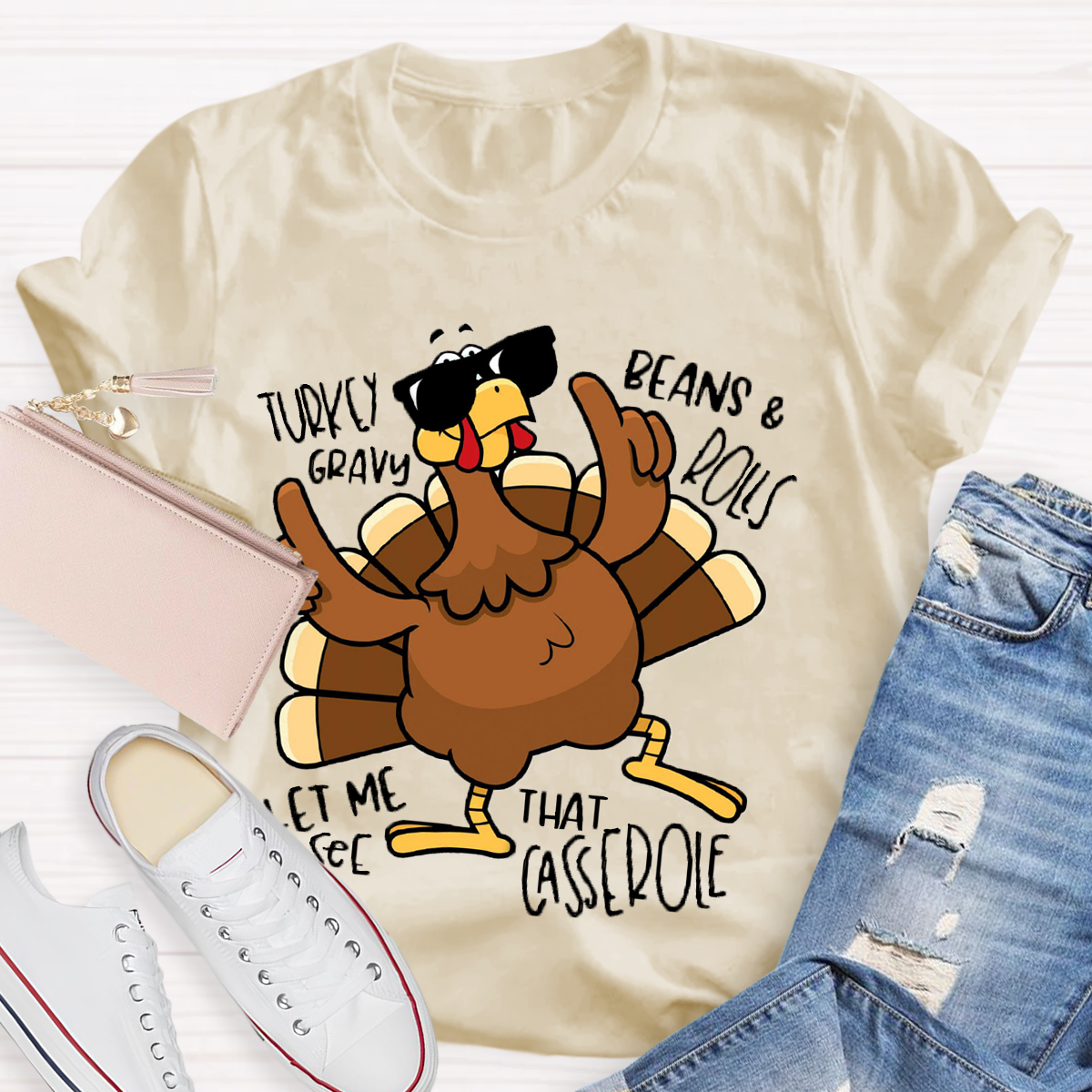 Turkey Gravy Beans Rolls Thanksgiving Teacher T-Shirt