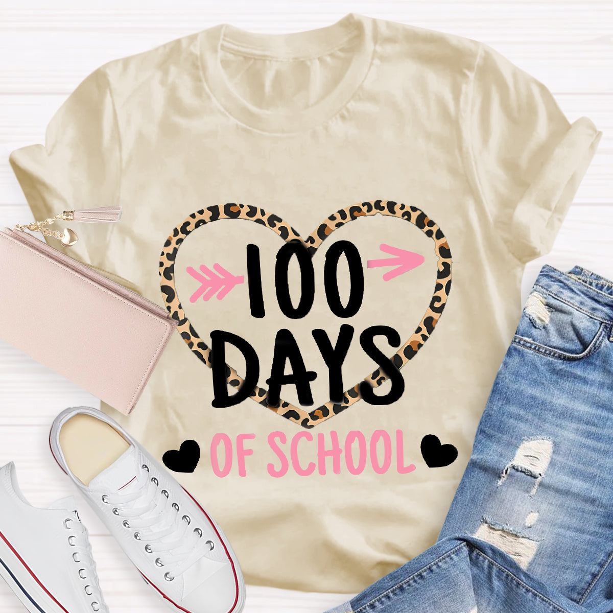 100 Days Of School Leopard Heart T-Shirt