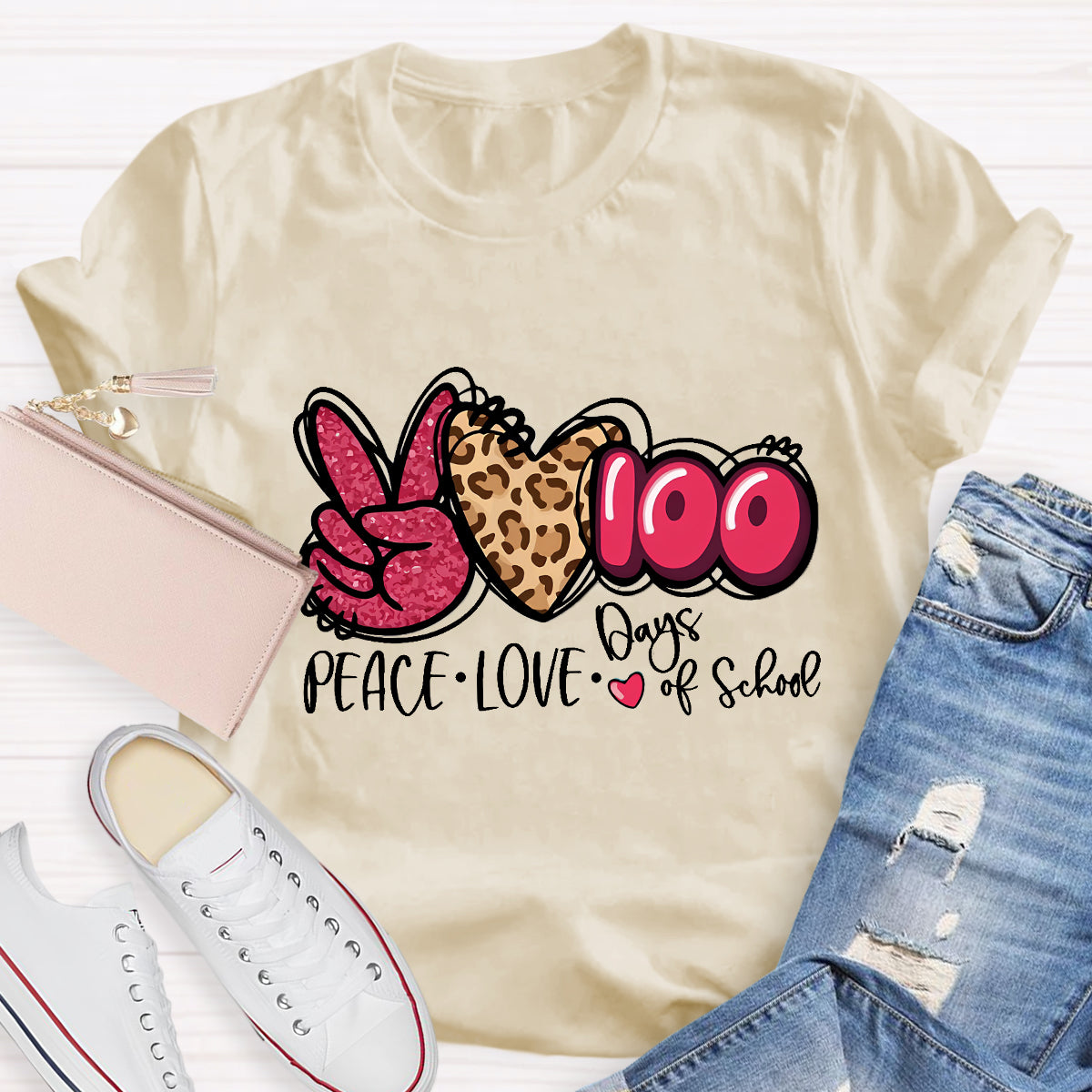 Peace Love 100 Days Of School Teacher T-Shirt