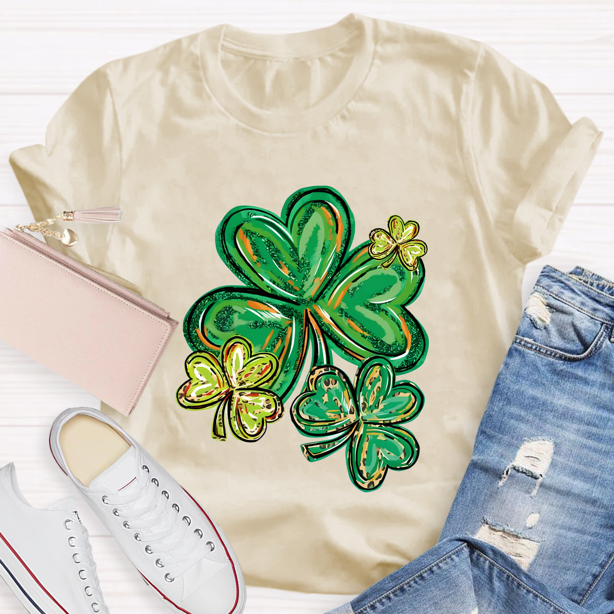 St Patrick's Day Clover Print Teacher T-Shirt