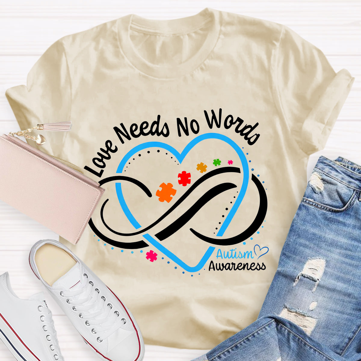 Love Needs No Words Autism Awareness Blue Heart Teacher T-Shirt