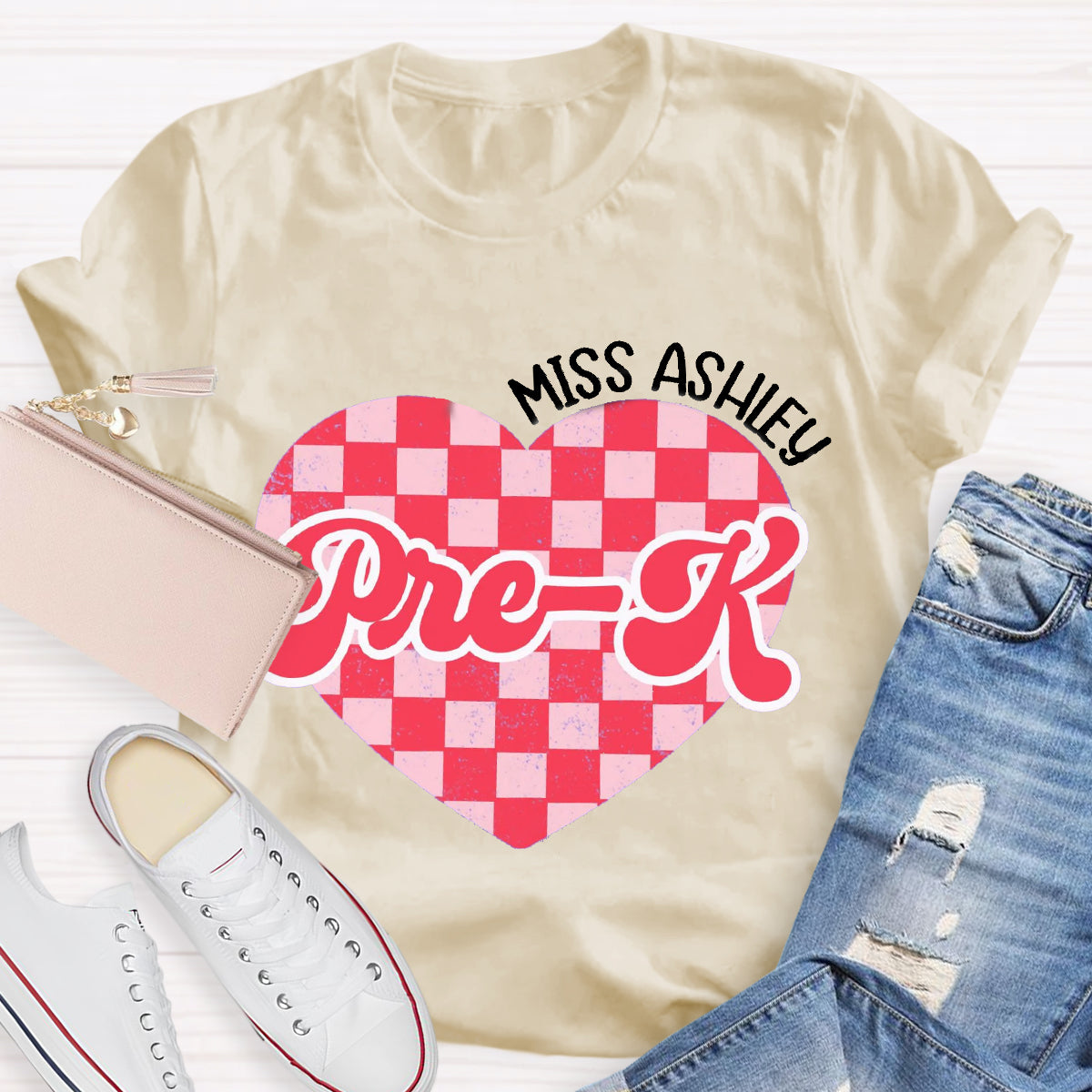 Personalized Name And Grade Pink Heart Teacher T-Shirt