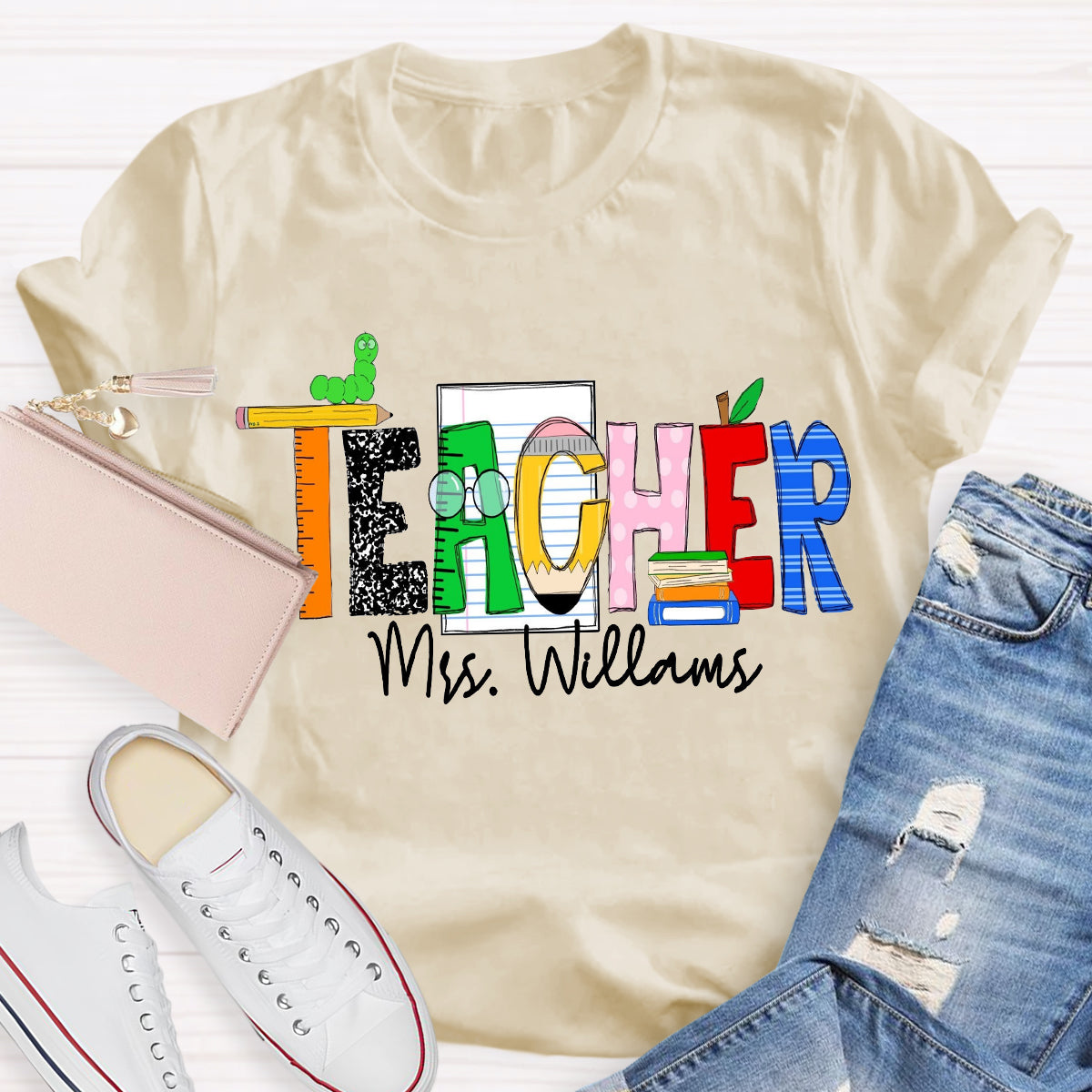 Personalized Teacher Name Caterpillar Exploring Knowledge Teacher T-Shirt