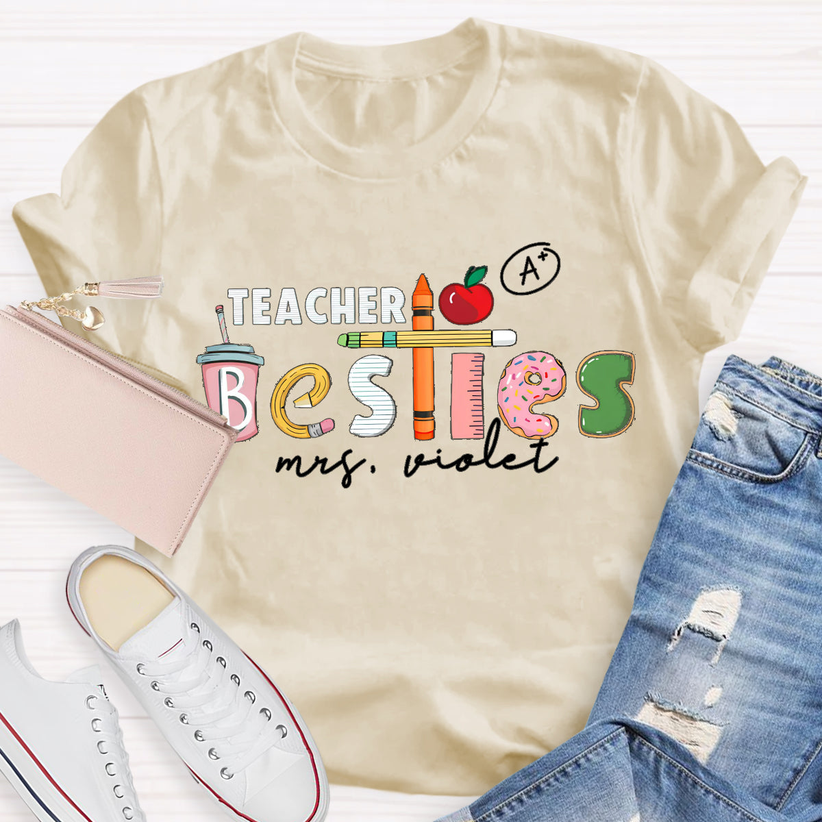Personalized Name Apple Teacher T-Shirt