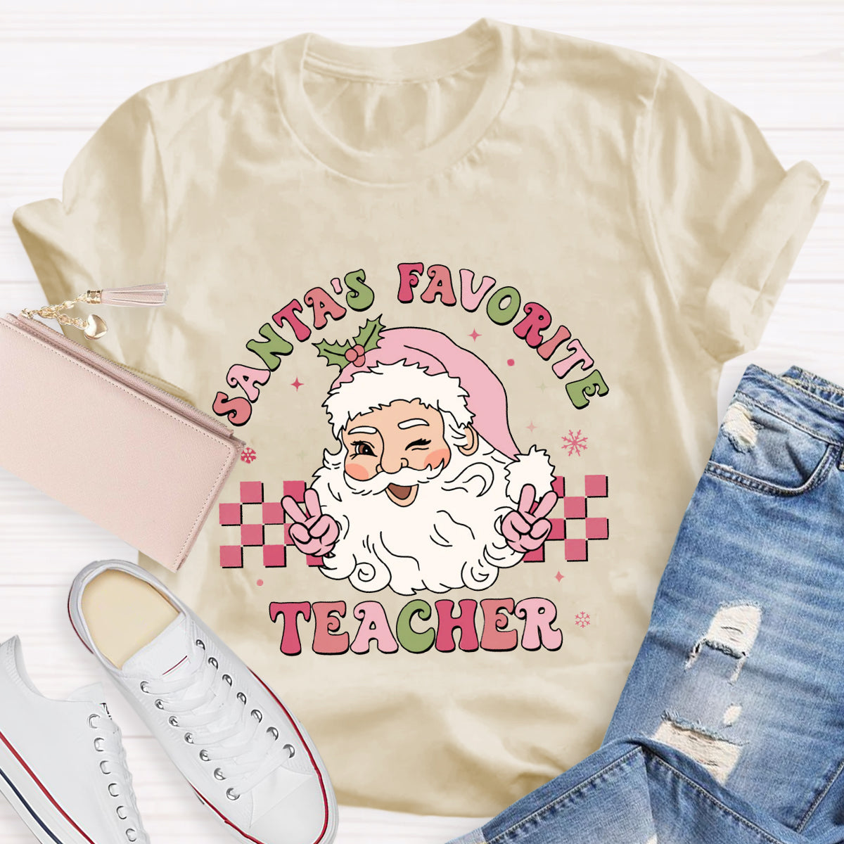 Santa's Favorite Teacher Pink Santa Claus T-Shirt