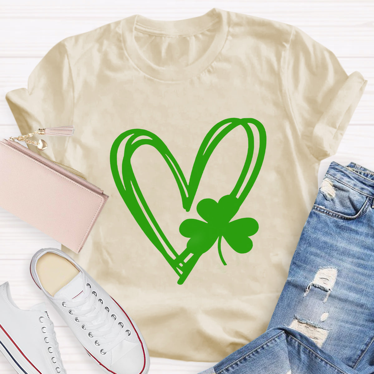 Shamrock And Hand Drawn Heart St Patty's Day T-Shirt