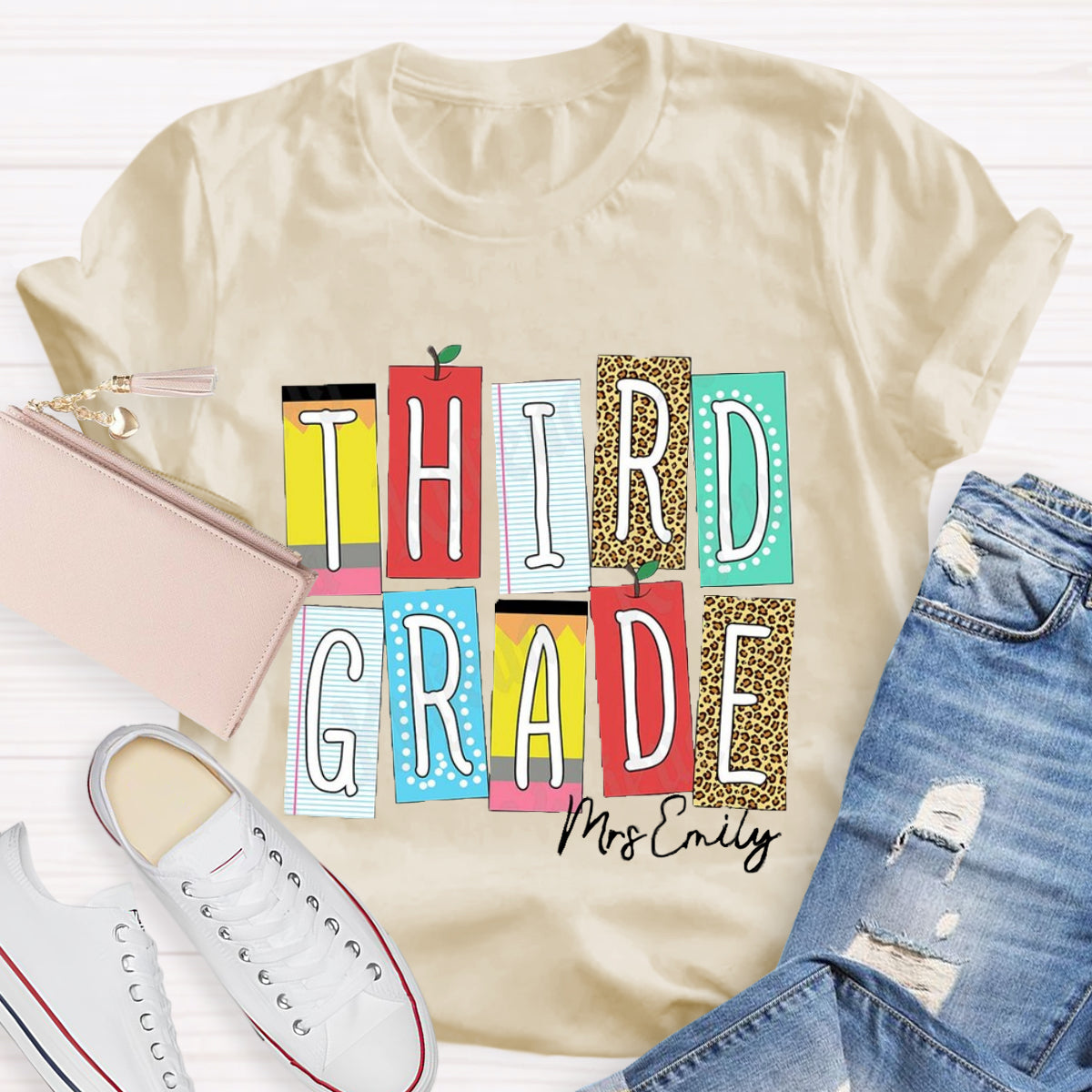 Personalized Grade And Name Leopard Color Block Teacher T-Shirt