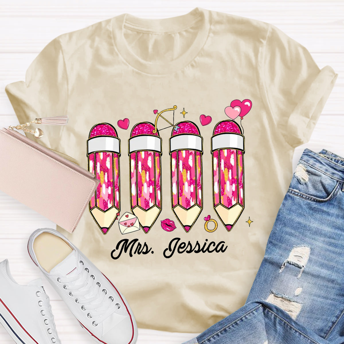 Personalized Name Pink Pencil Teacher T-Shirt