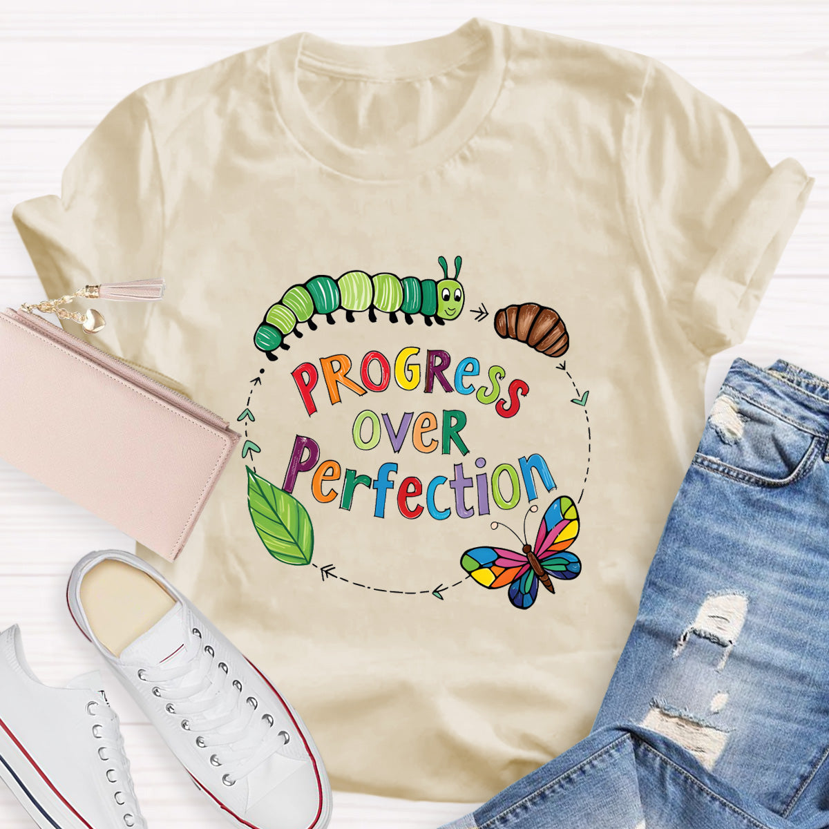 Progress Over Perfection Butterfly Teacher T-Shirt