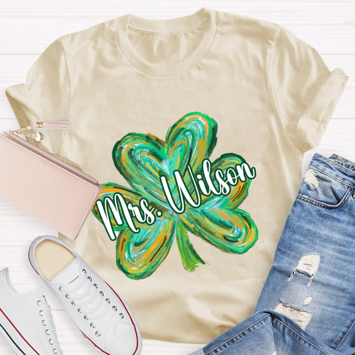 Personalized Name Colorful Shamrock Teacher T-Shirt