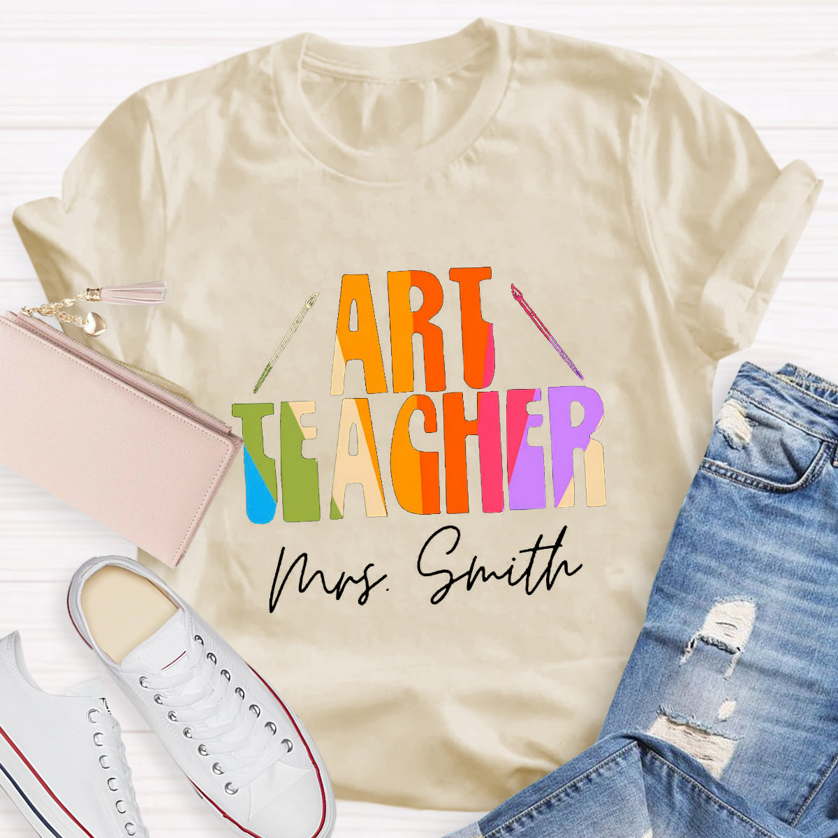 Personalized Name And Art Simple Color Teacher T-Shirt