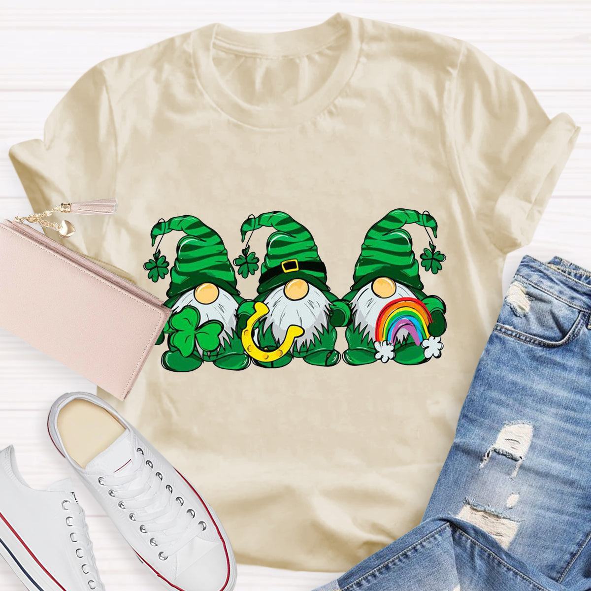 Three St Patricks' Day Gnome With Rainbow T-Shirt