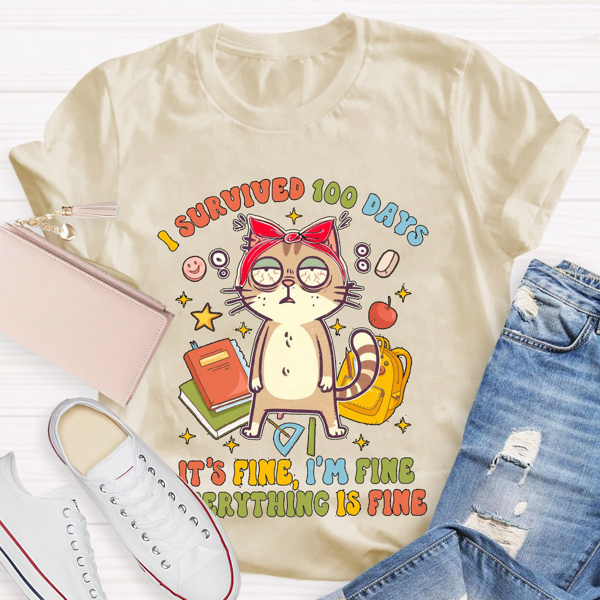 I Survived 100 Days Everything Is Fine Funny Cat  T-Shirt