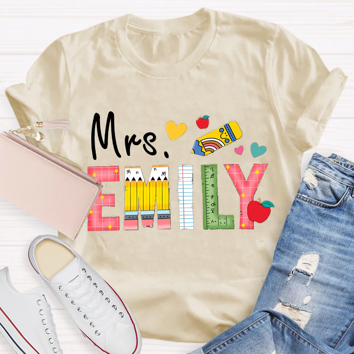 Personalized Name Apple Pencil Teacher Emily T-Shirt