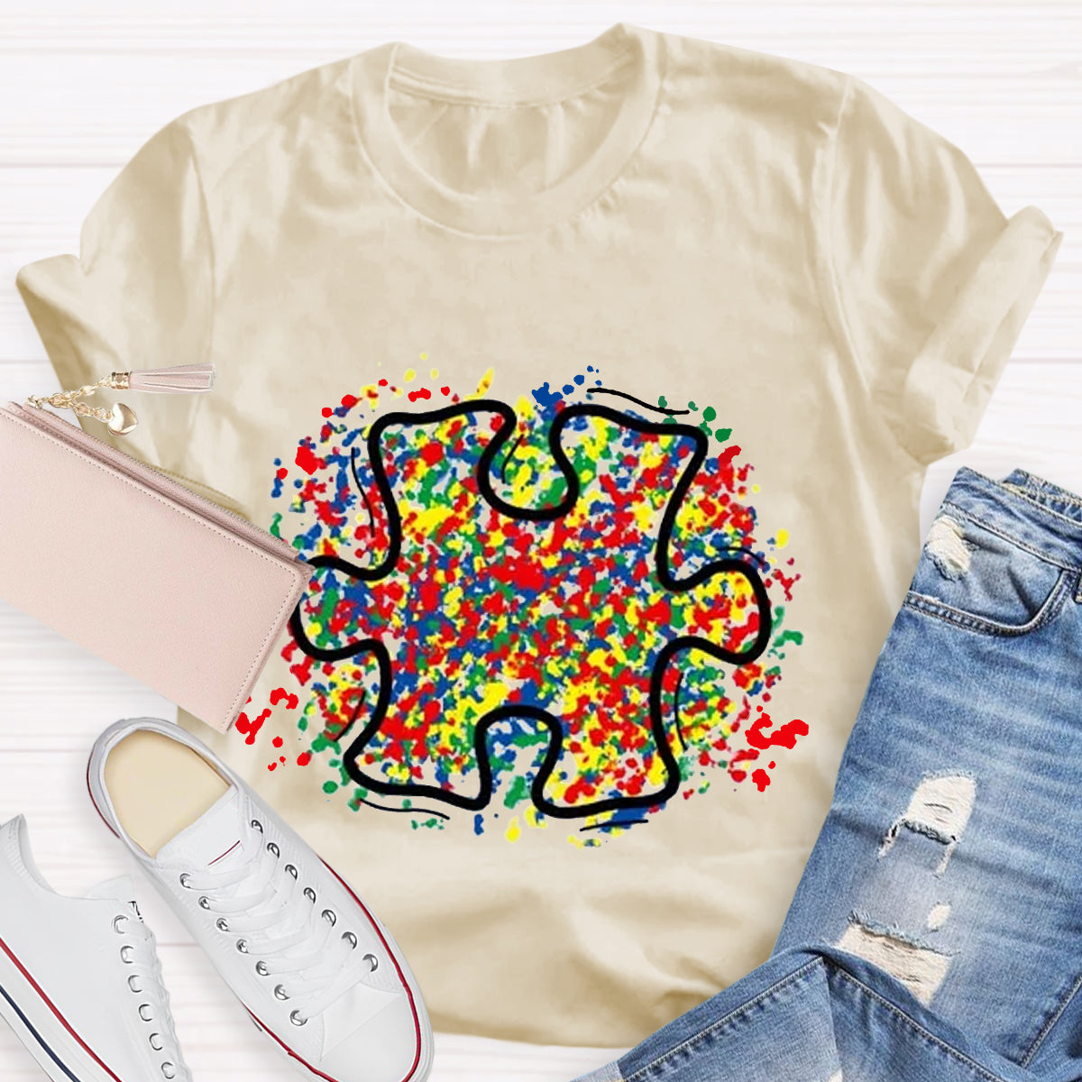 Colorful Autism Puzzle Piece Teacher T-Shirt